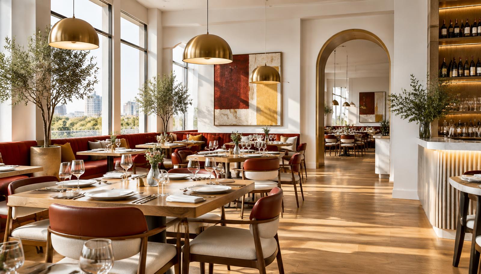 A bright, modern restaurant dining room