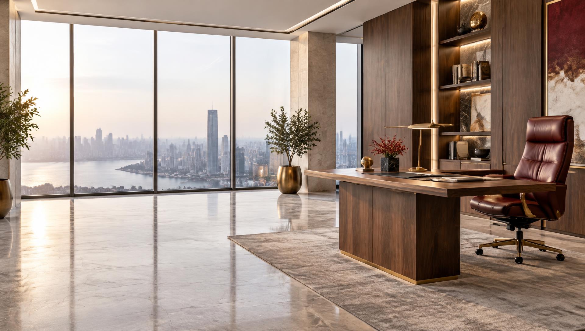 A bright, modern office with a premium leather chair