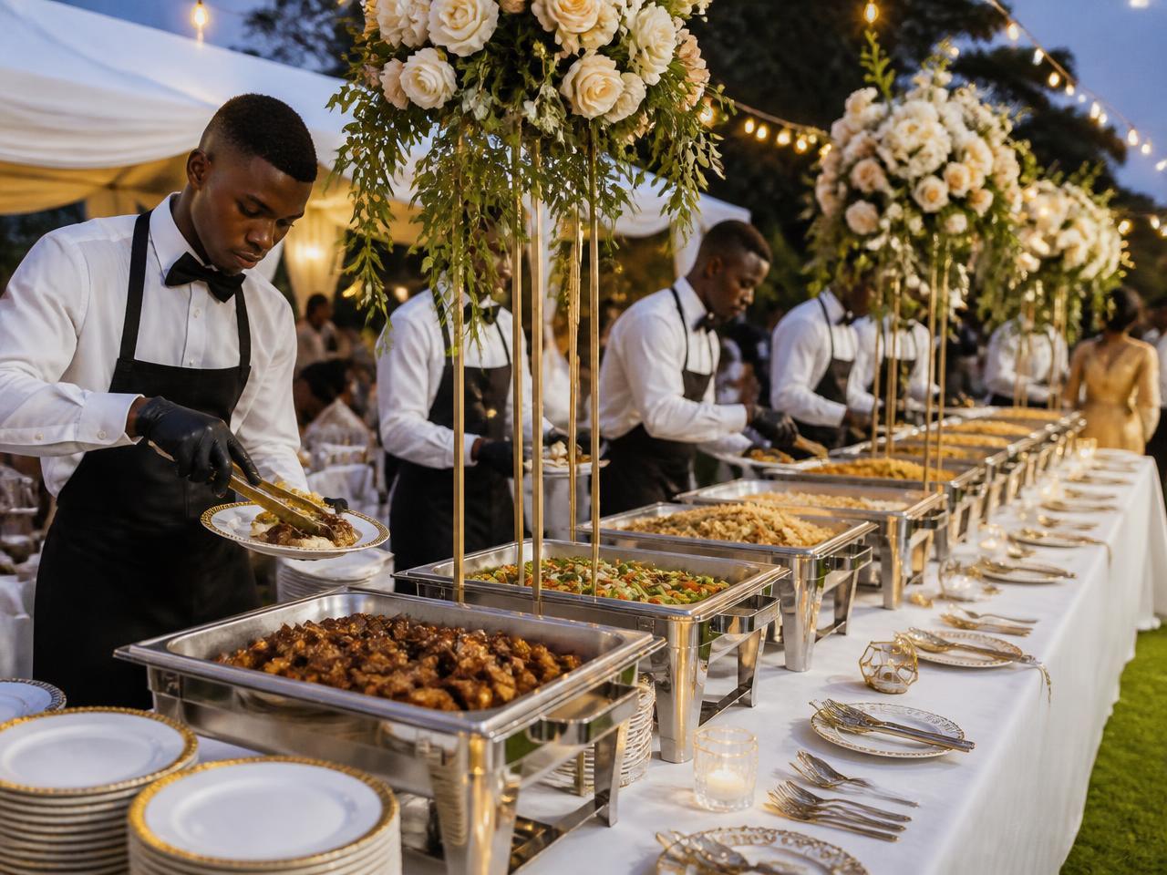 An elegant outdoor catering buffet with uniformed servers